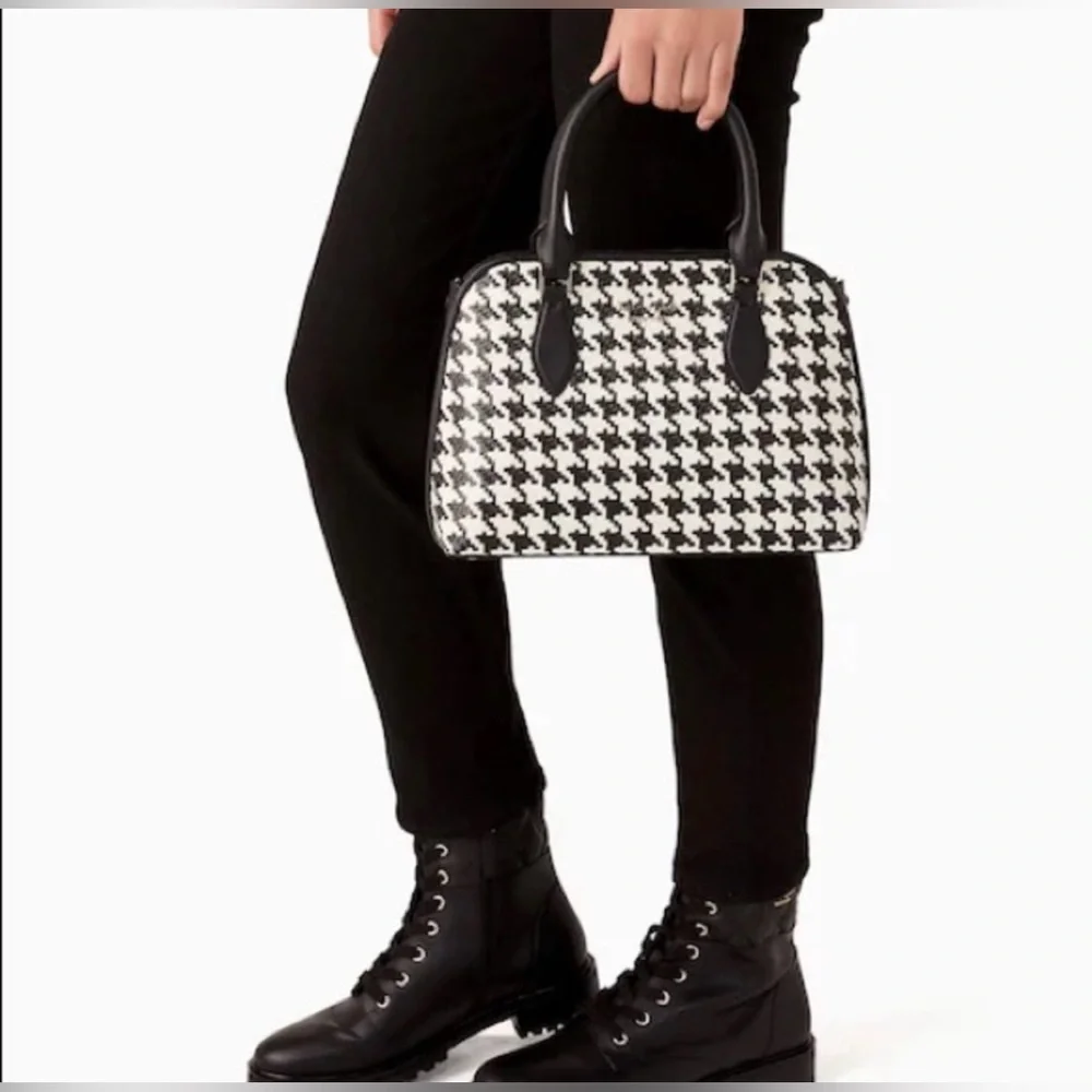 New Kate Spade Small Darcy Houndstooth Straw Satchel with Crossbody Strap - Picture 8 of 9